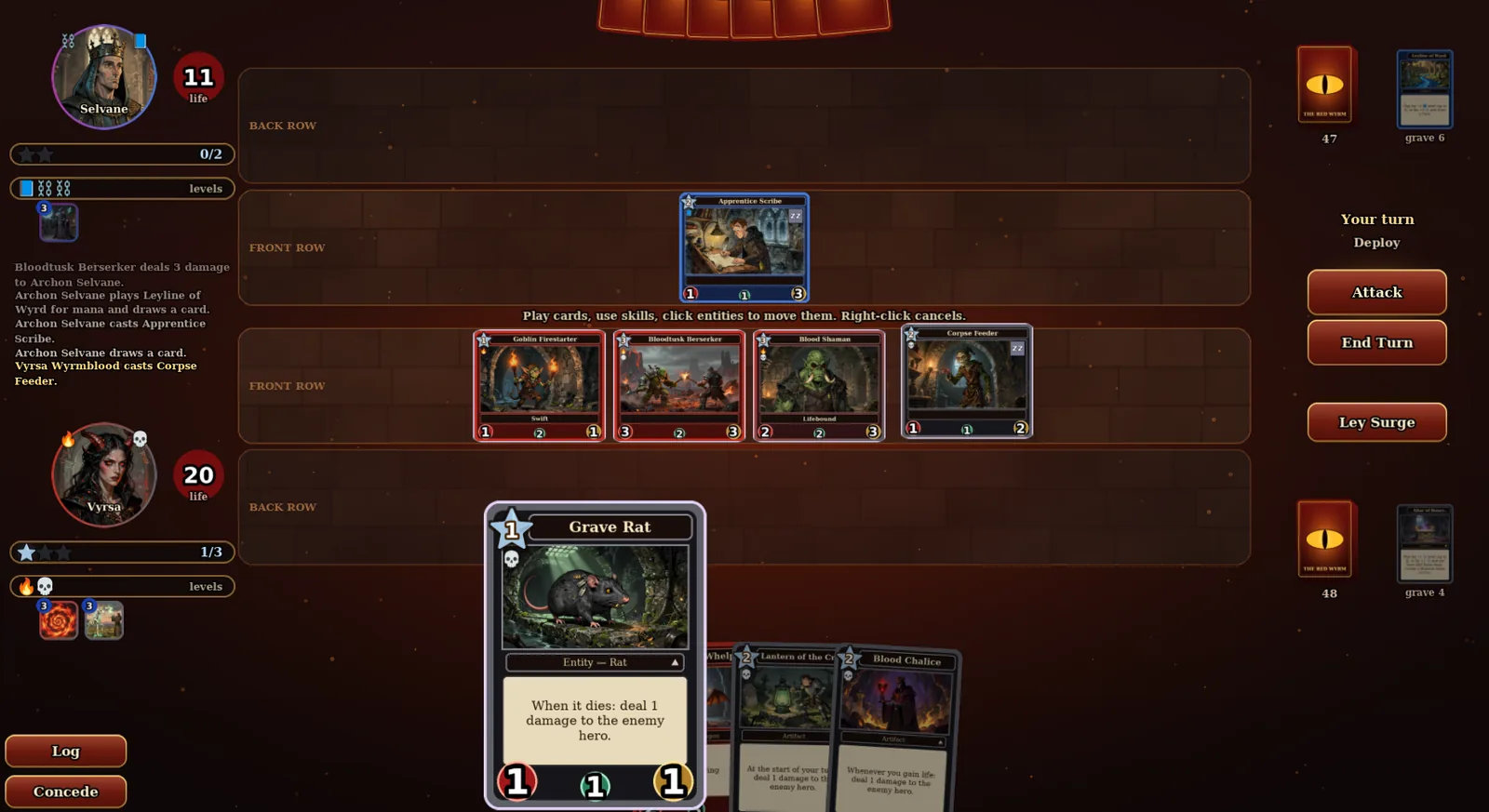 A game in progress: two heroes, their front and back rows, and a hand of cards